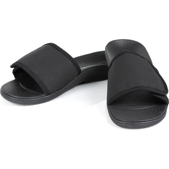 Pair of Men&#39;s PowerStep Archwear Slide Sandal in Black with adjustable velcro strap