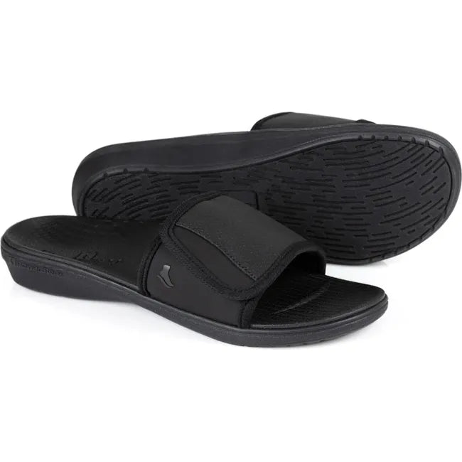 Side and sole of Men&#39;s PowerStep Archwear Slide Sandal in Black with adjustable velcro strap