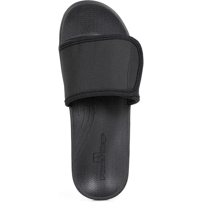 Upper of Men&#39;s PowerStep Archwear Slide Sandal in Black with an adjustable velcro strap