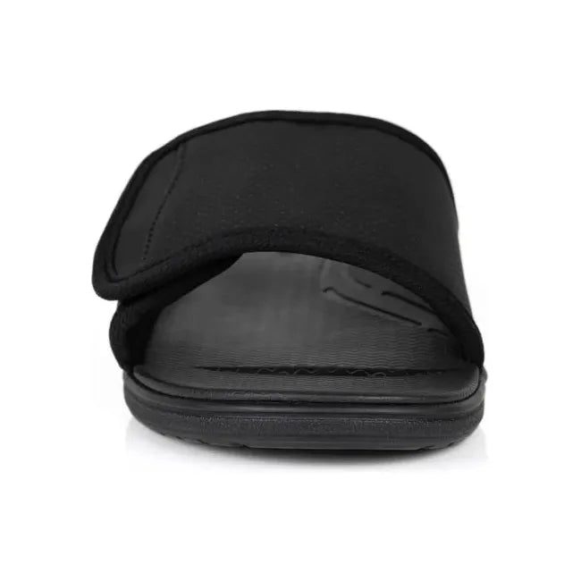Front of Men&#39;s PowerStep Archwear Slide Sandal in Black with an adjustable velcro strap