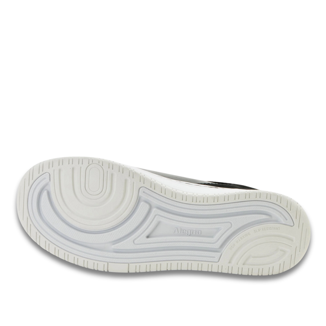 White sole of Alegria Women's Averie Sneakers in Black Convertible