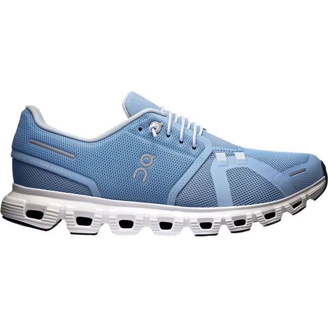 Lateral side of Women's On Running Cloud 6 Running Shoe in Chambray White with slip on speed lacing
