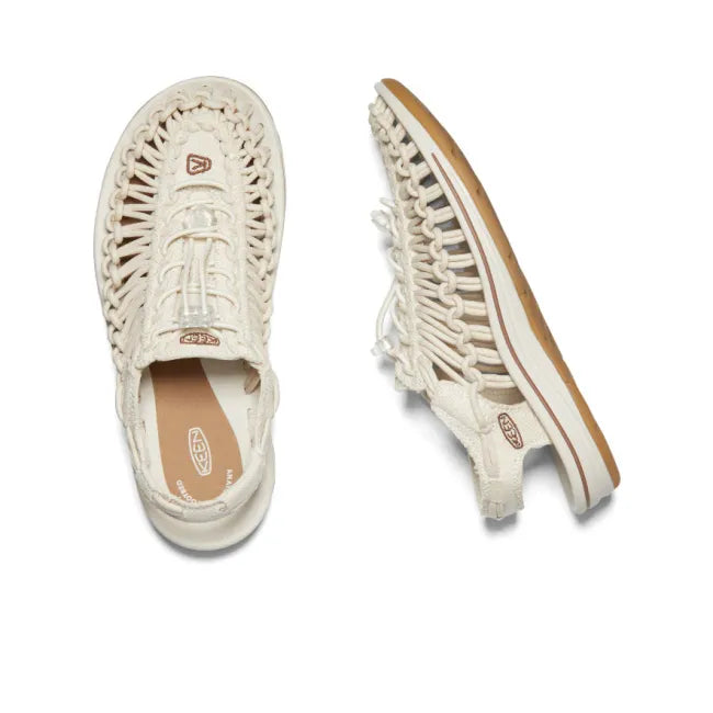 Upper and side of Keen Women's UNEEK Canvas Sandal in Natural Canvas Birch