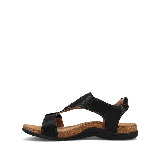 Medial side of Women&#39;s Taos Wonderful Cork Support Sandal in black leather with velcro straps