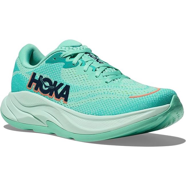 Front angled view of Women's Hoka Rincon 4 Running Shoe in Seafoam Electric Aqua color