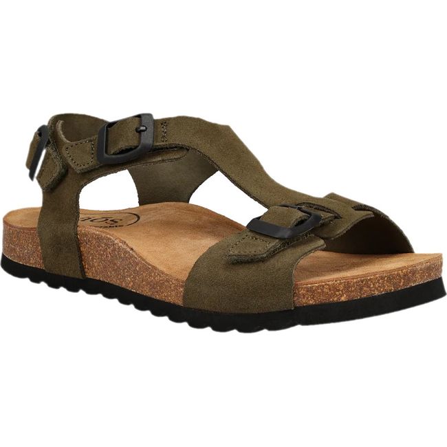 Front angled view of Women's Taos MVP Sandal in olive green suede with cork sole