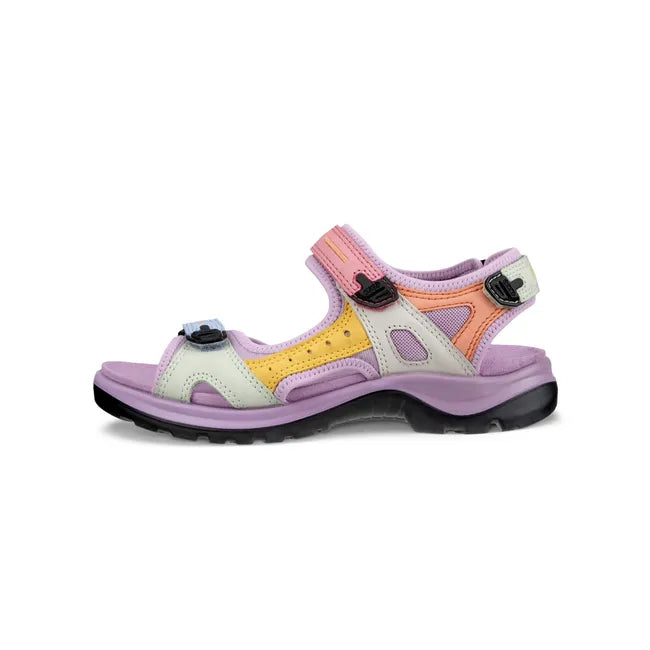 Lateral side of ECCO Women's Offroad Yucatan Sandal in multicolor lavender with three velcro straps
