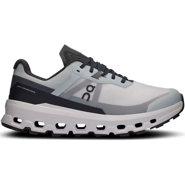 Lateral of On Running Women's Cloudvista 2 Trail Running Shoe in glacier and eclipse grey