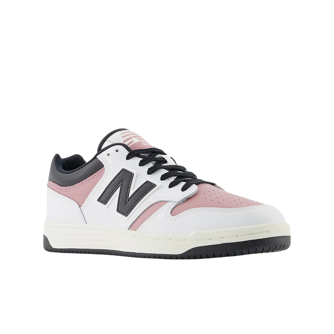 Front angled view of Unisex New Balance 480 Lifestyle Shoe in white, rosewood pink, and black