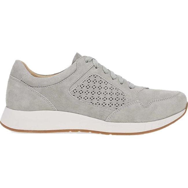 Lateral side of Women's Dansko Catie Sneaker in gray suede with white sole