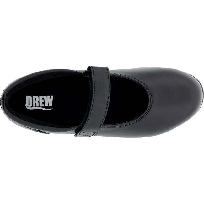 Top down view of Women's Drew Mary Jane Bloom II Shoe in Black Leather with velcro strap