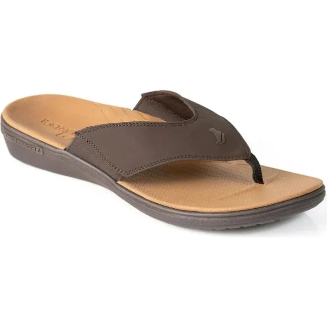Front angled view of Men&#39;s PowerStep Archwear Flip Flop Sandal in Brown and Tan