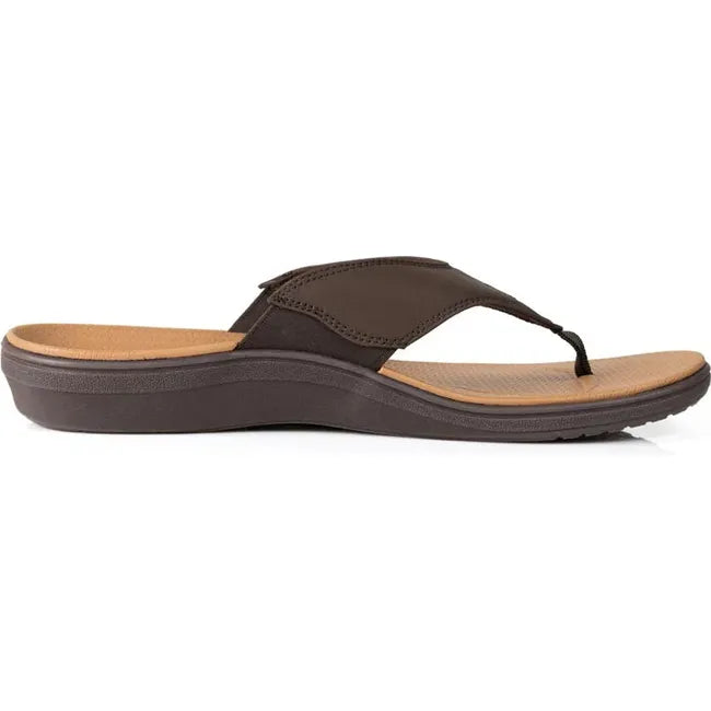 Lateral side of Men&#39;s PowerStep Archwear Flip Flop Sandal in Brown and Tan
