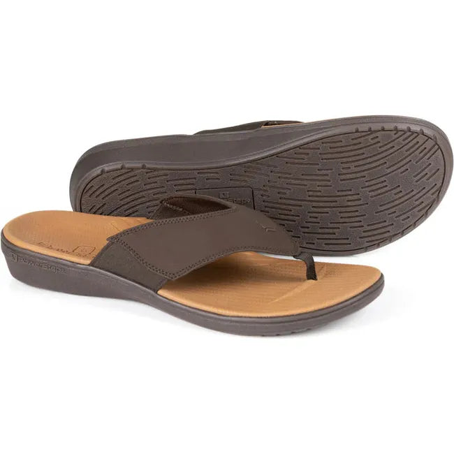 Side and sole of Men&#39;s PowerStep Archwear Flip Flop Sandals in Brown and Tan