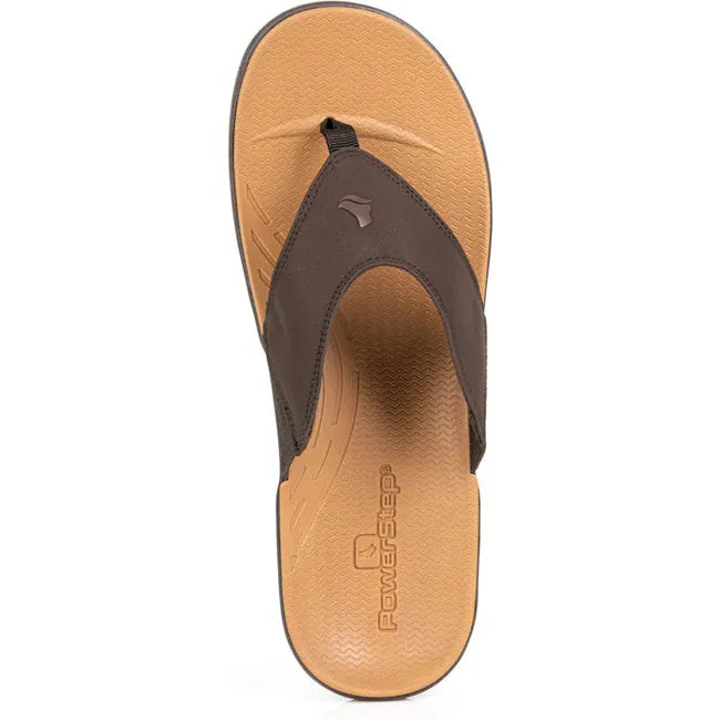 Upper of Men&#39;s PowerStep Archwear Flip Flop Sandal in Brown and Tan