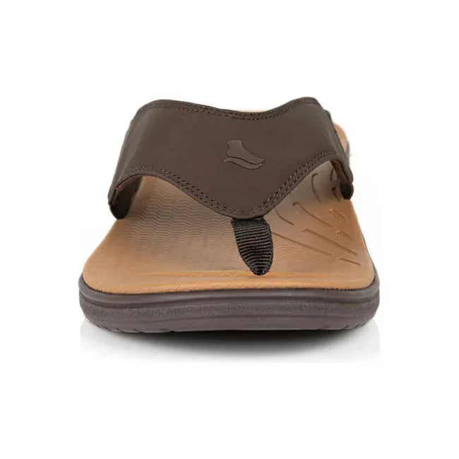 Front of Men&#39;s PowerStep Archwear Flip Flop Sandal in Brown and Tan