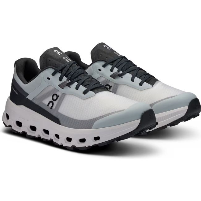 Pair of On Running Women's Cloudvista 2 Trail Running Shoes in glacier and eclipse grey