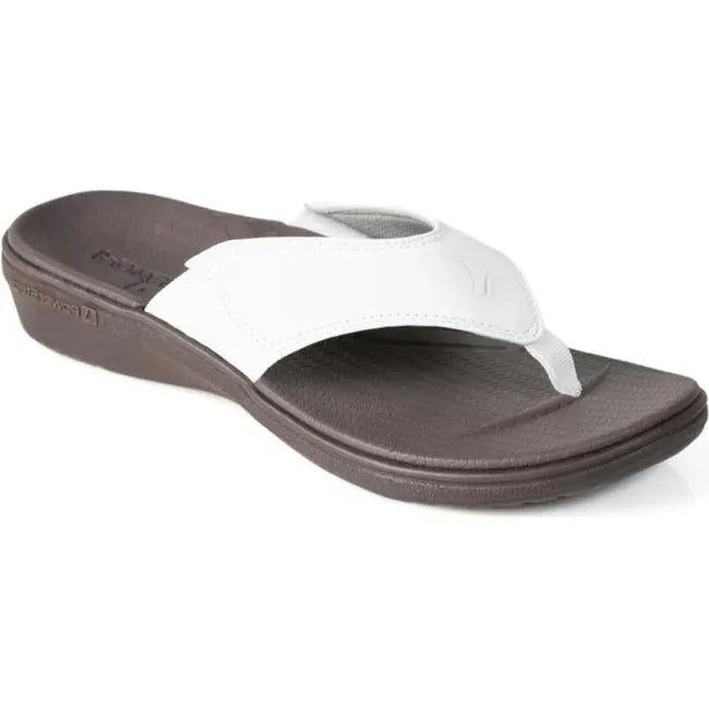 Front angled view of Women's PowerStep Archwear Flip Flop Sandal in White and Brown