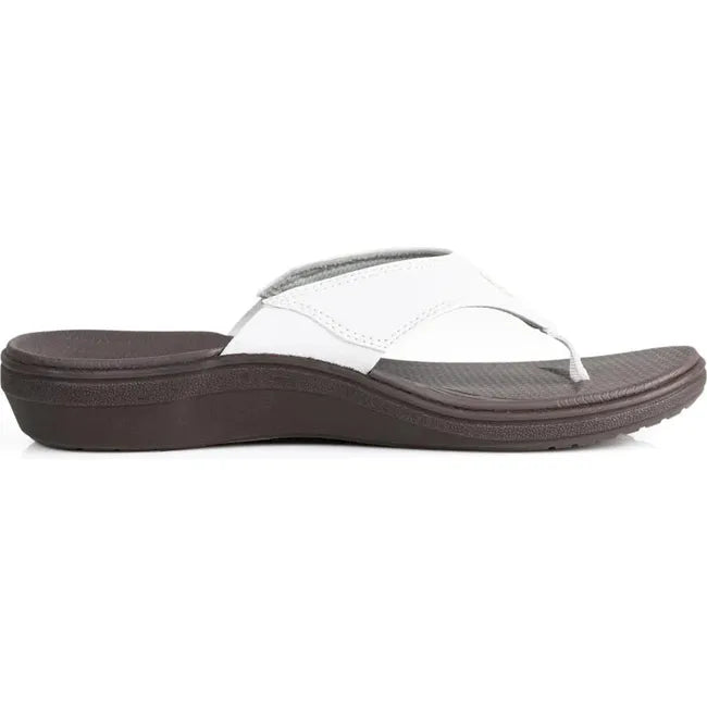 Lateral side of Women&#39;s PowerStep Archwear Flip Flop Sandal in White and Brown