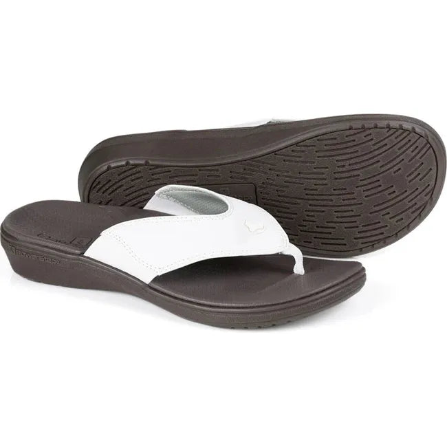 Side and sole of Women&#39;s PowerStep Archwear Flip Flop Sandals in White and Brown