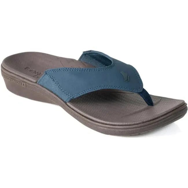 Front angled view of Women's PowerStep Archwear Flip Flop Sandal in Navy and Brown