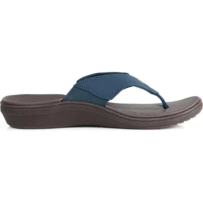Lateral side of Women&#39;s PowerStep Archwear Flip Flop Sandal in Navy and Brown