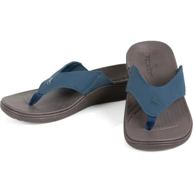Pair of Women&#39;s PowerStep Archwear Flip Flop Sandals in Navy and Brown
