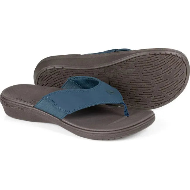 Side and sole of Women&#39;s PowerStep Archwear Flip Flop Sandals in Navy and Brown