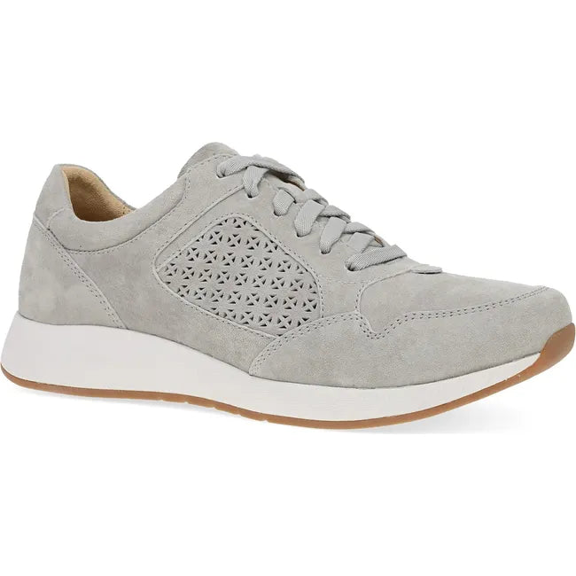 Front angled view of Women's Dansko Catie Sneaker in gray suede with white sole