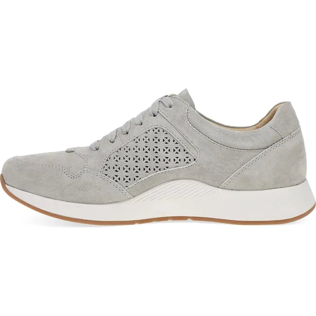 Medial side of Women's Dansko Catie Sneaker in gray suede with white sole