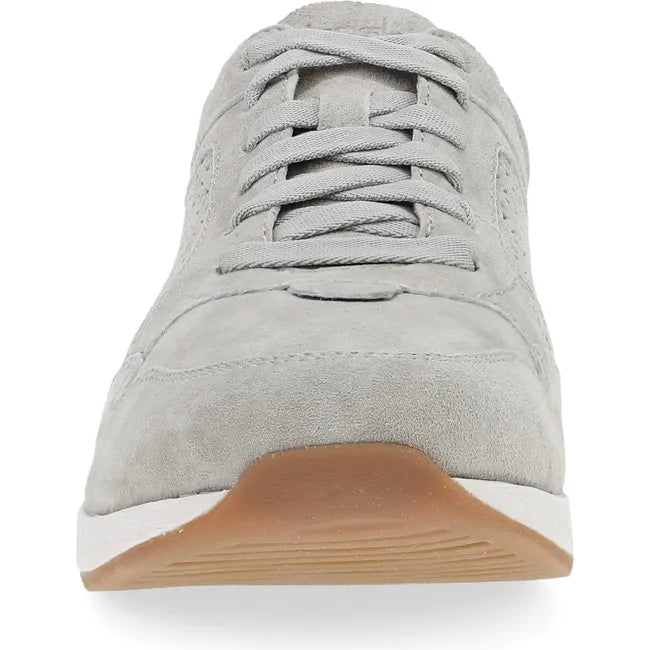 Front of the lace up Women's Dansko Catie Sneaker in gray suede with white sole and tan tread