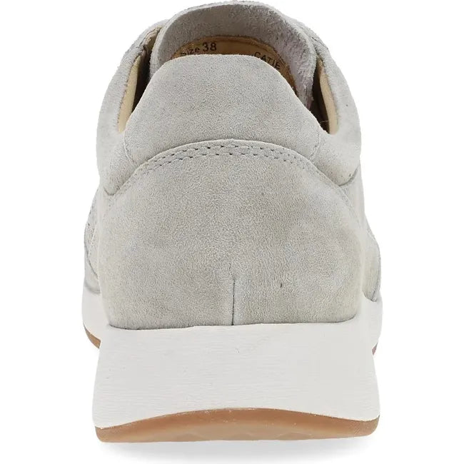 Heel of Women's Dansko Catie Sneaker in gray suede with white sole and tan tread