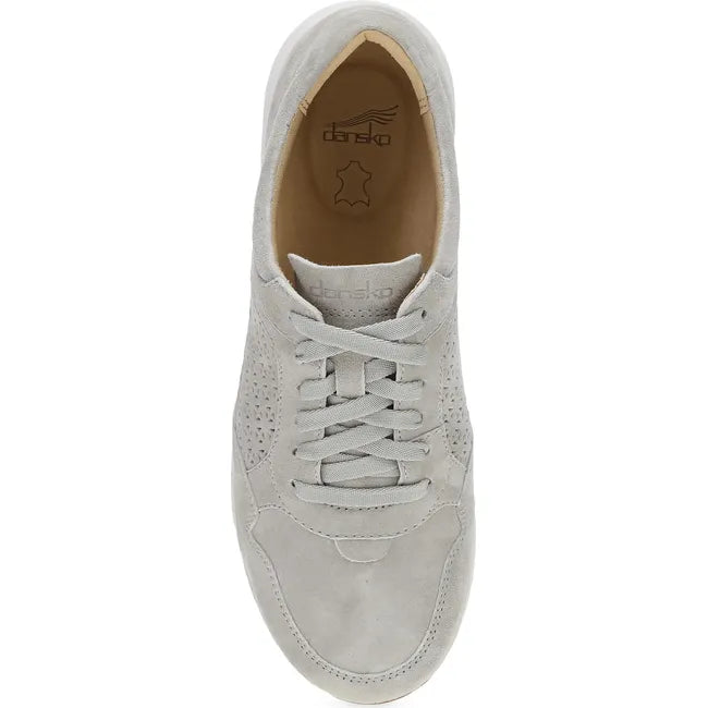 Top down view of Women's Dansko Catie Sneaker in gray suede with white sole