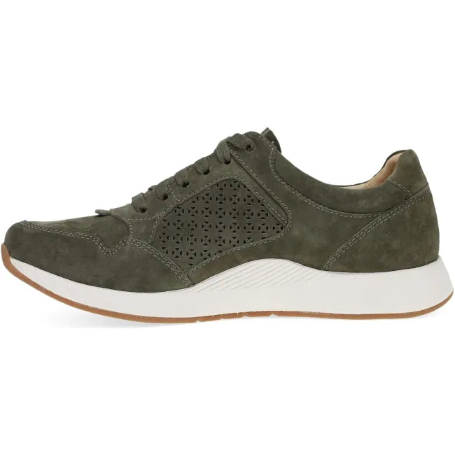 Dansko Catie sneaker in olive suede, side profile