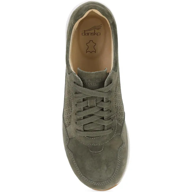 Dansko Catie sneaker in olive suede, top view showing lace-up closure