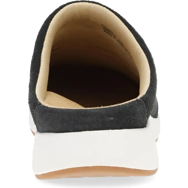 Dansko Claudia backless sneaker in black suede, back view showing open heel