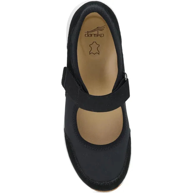 Dansko Carolina Mary Jane sneaker in black suede, top view showing hook-and-loop strap