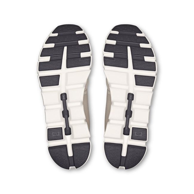 Sole of On Running Men's Cloud 6 Slip On Running Shoes in Pearl Beige and White with black tread