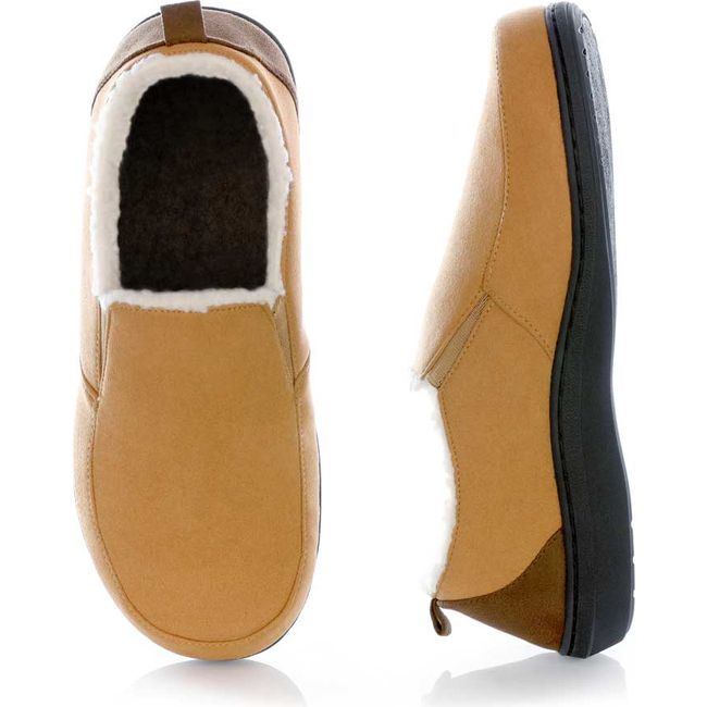 Upper and side of the Men&#39;s PowerStep Twin Gore Slippers in Light Brown