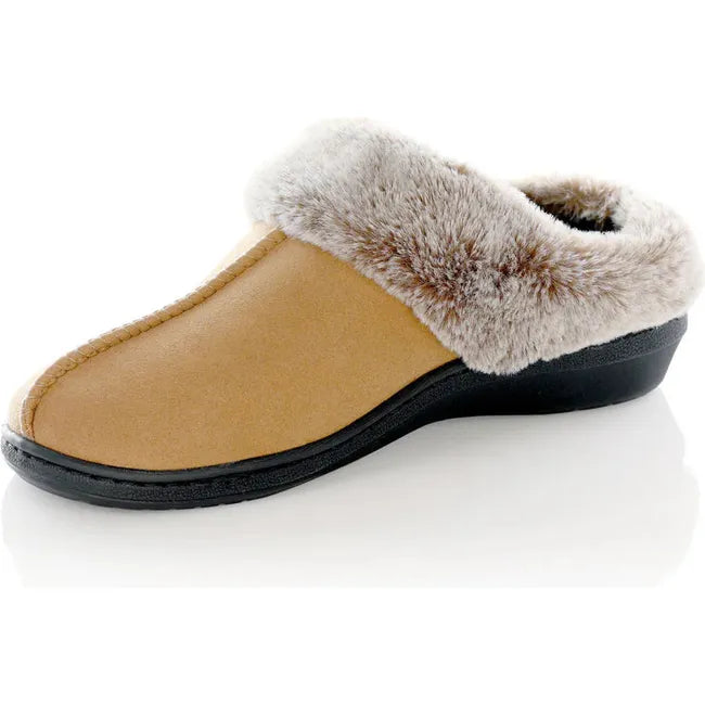 Angled medial side of PowerStep Women&#39;s Clog Slipper in Light Brown