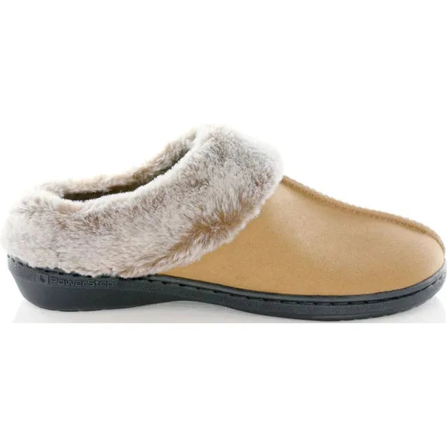 Lateral side of PowerStep Women&#39;s Clog Slipper in Light Brown