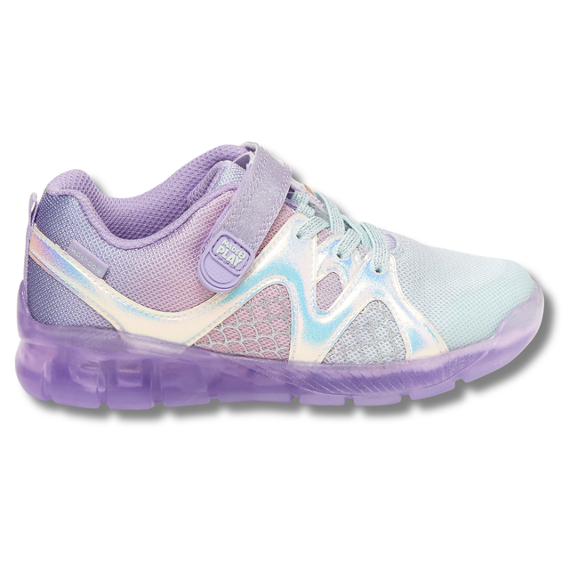 Lateral side of Stride Rite Toddler Lighted Mermaid Sneaker in Purple Multi