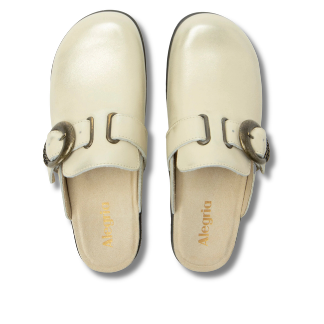 Upper of Alegria Women's Osmosis Clogs in Gold Cream Leather with buckle
