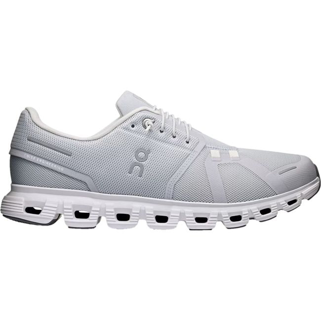 Lateral side of On Running Men's Cloud 6 Running Shoe in grey and white