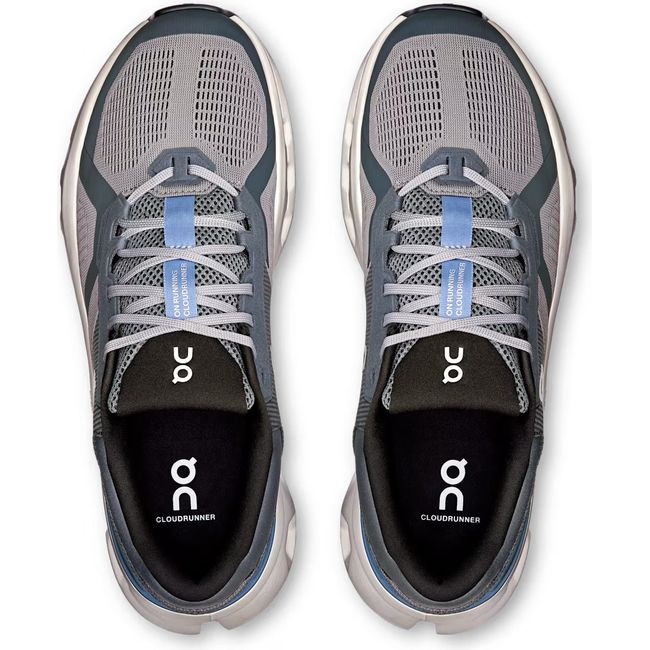 Top down view of On Running Men's Cloudrunner 2 Running Shoes in alloy grey