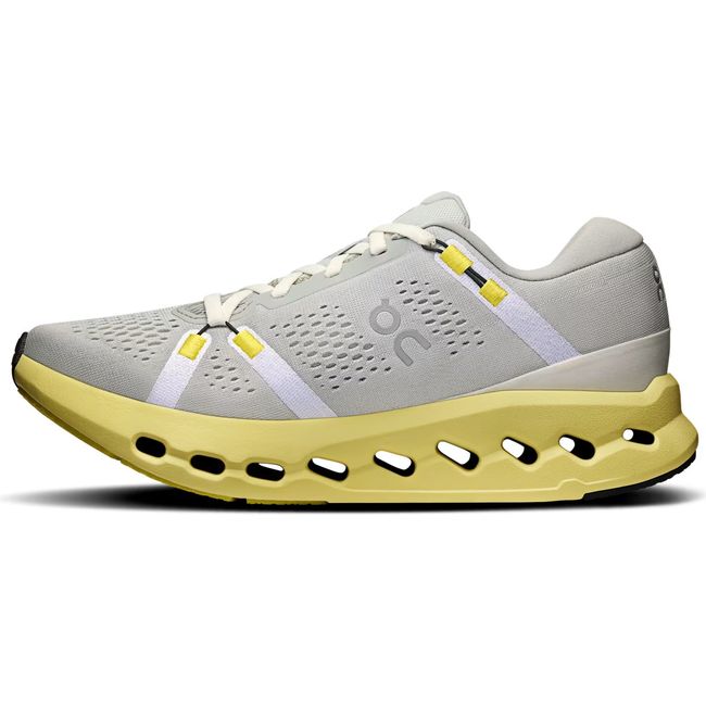 Medial of On Running Women's Cloudsurfer 2 Running Shoe in glacier grey and limelight yellow