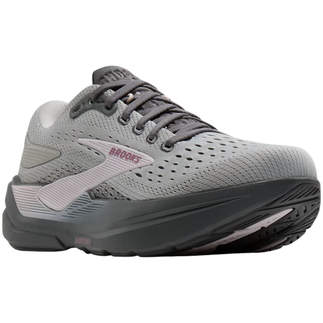 Angled side of Brooks Women's Ghost Max 3 Running Shoe in Grey & Poppy Seed Pink