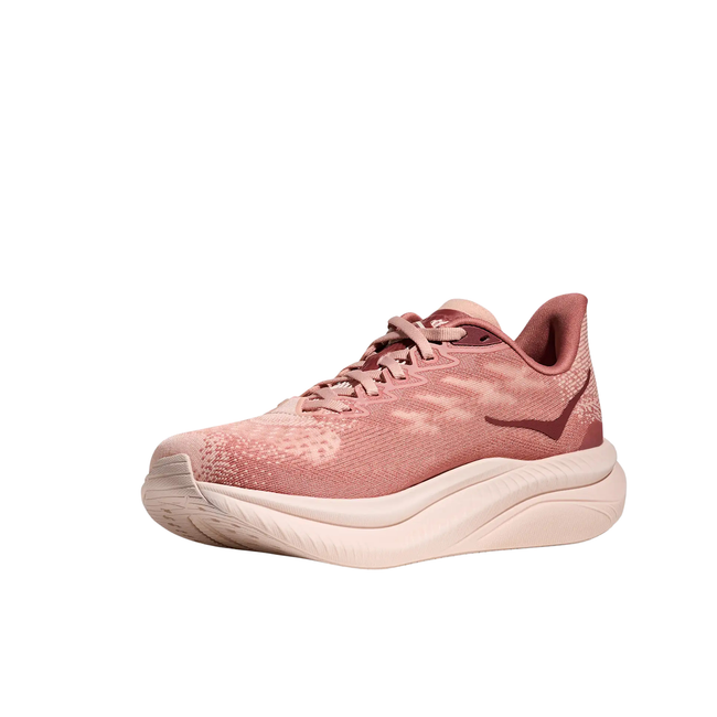 Angled Medial Side of Hoka Women's Mach 6 running Shoe in Rose Latte Pink