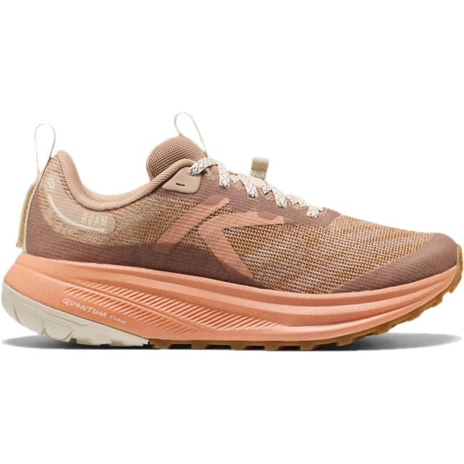 Lateral side of KEEN Women's Roam Trail Running Shoe in taupe and orange