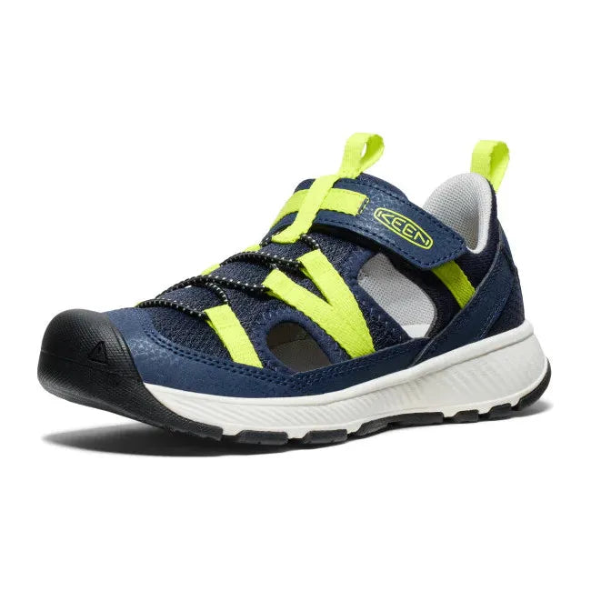 Front angled view of KEEN Big Kids' Motozoa Sandal in Naval Academy blue Evening Primrose yellow